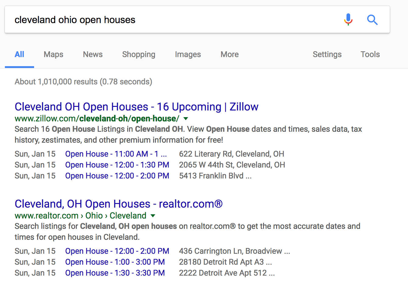 Open house information in search results
